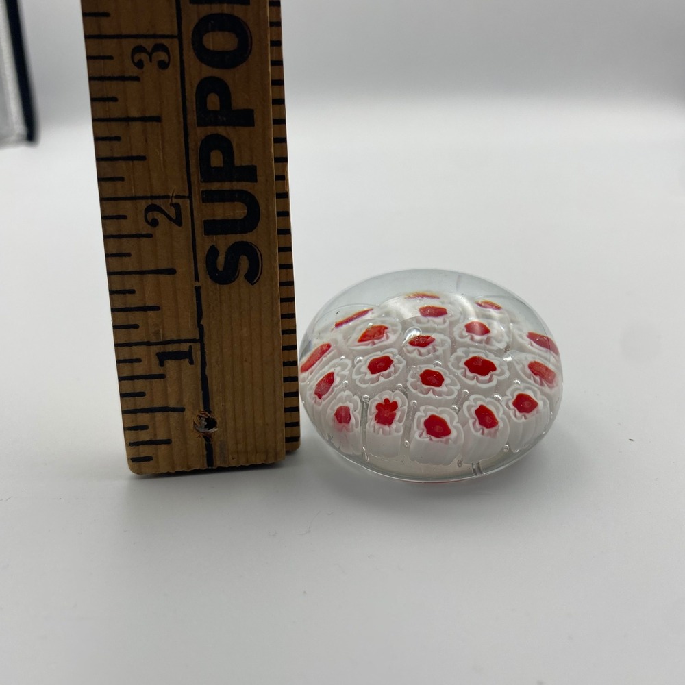 Vintage Red and White Millefiori Art Glass Paperweight Round Floral Dome 2 Inch - Picture 5 of 5